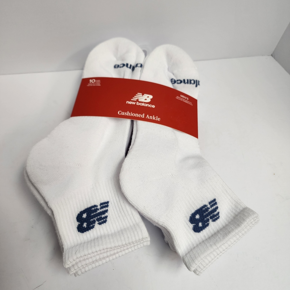 New Balance White Cushioned Ankle Socks Navy Logo 10 Pairs Men's Shoe Sz 8-12.5